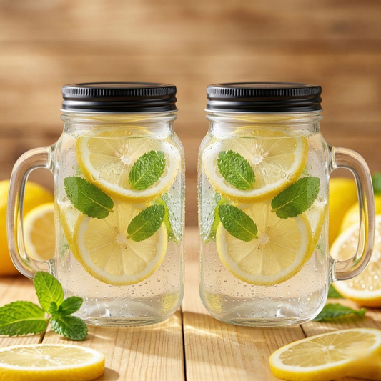Glassence Mason Jar Mug with Lid and Handle - Pack of 2