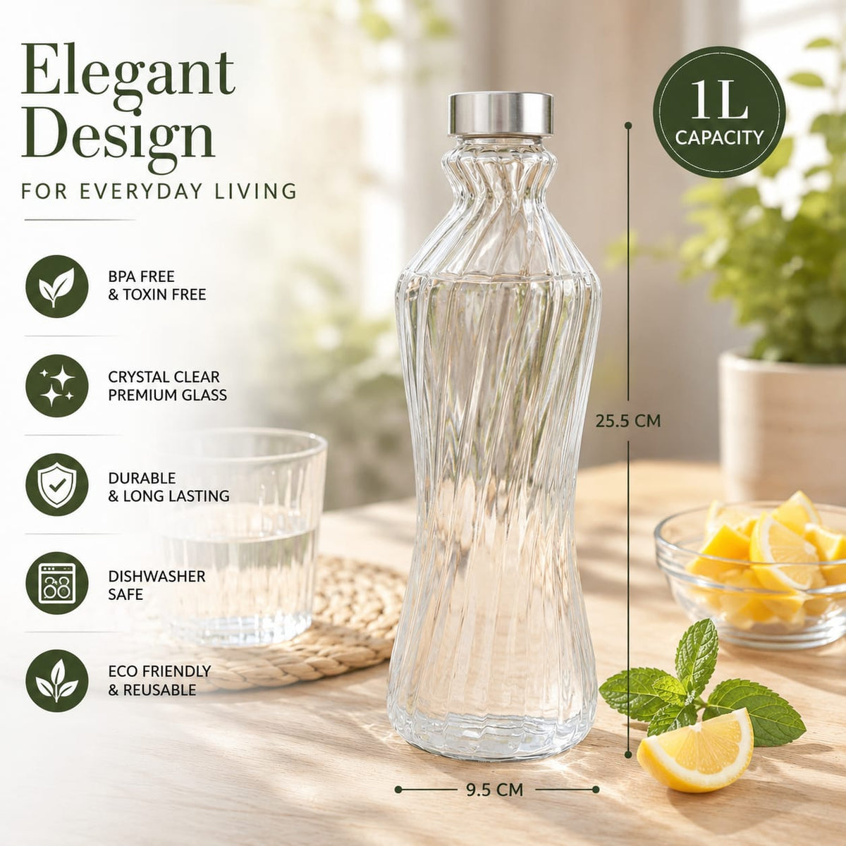 Glassence Elite Twist 1000ml Glass water Bottle