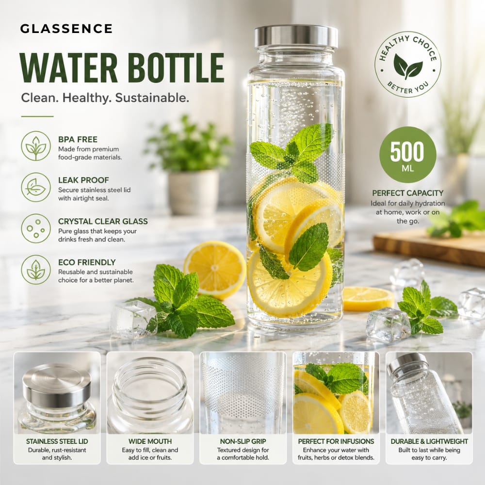 Glassence Classic DotGrip 500ml Glass water bottle