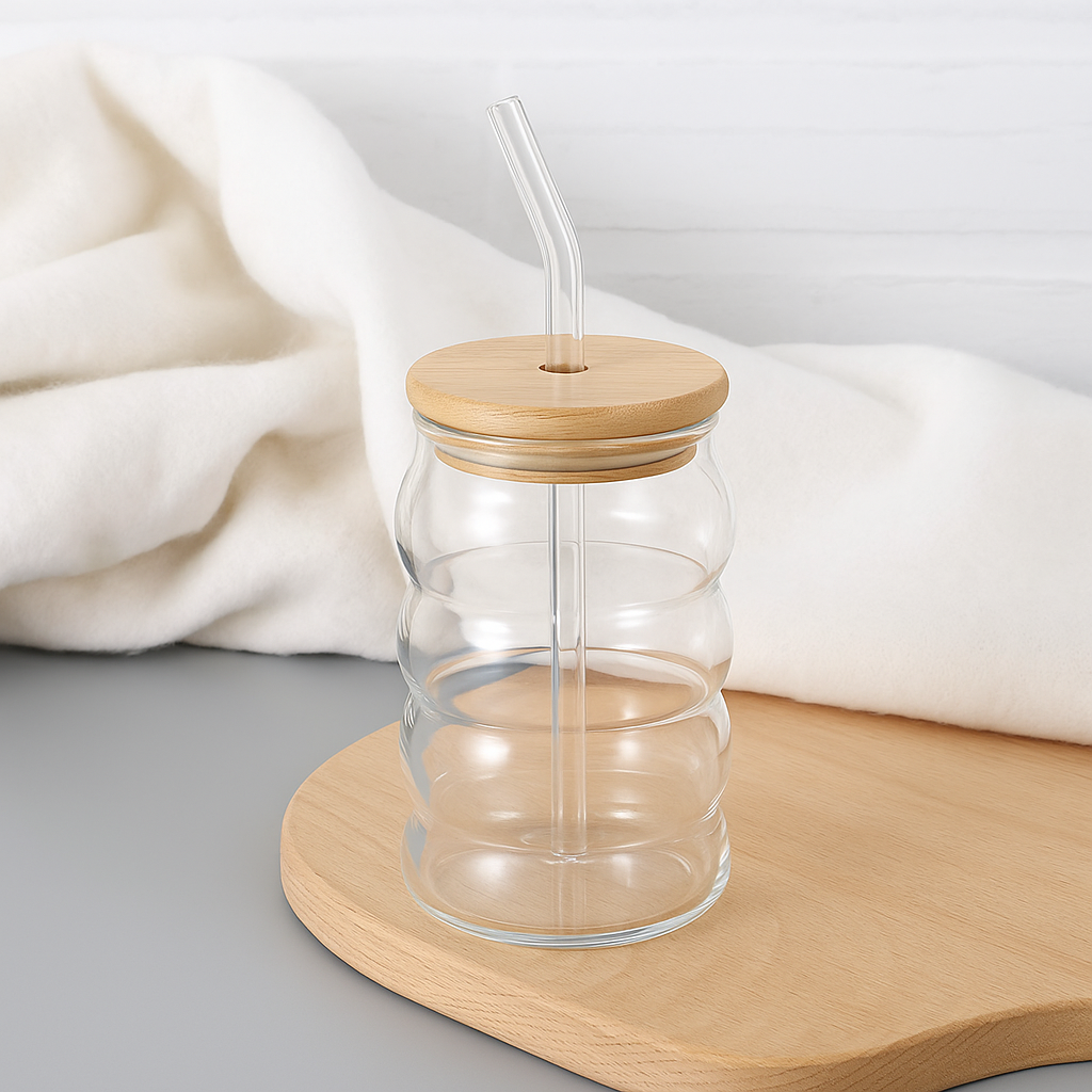 GLASSENCE Compact Premium Glass Tumbler with Bamboo Lid & Glass Straw – 450ml