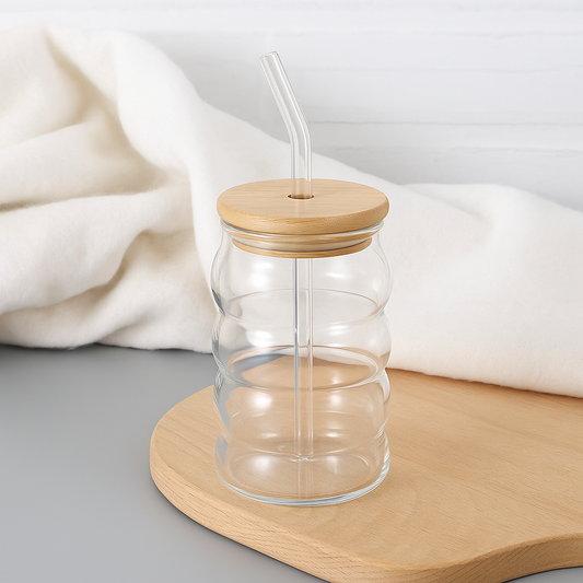 GLASSENCE Compact Premium Glass Tumbler with Bamboo Lid & Glass Straw – 450ml