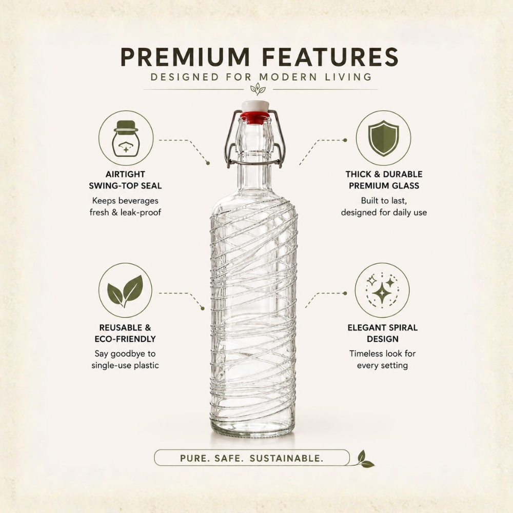 Glassence Elite Swing 1000 ml Glass Water Bottle - Pack of 2