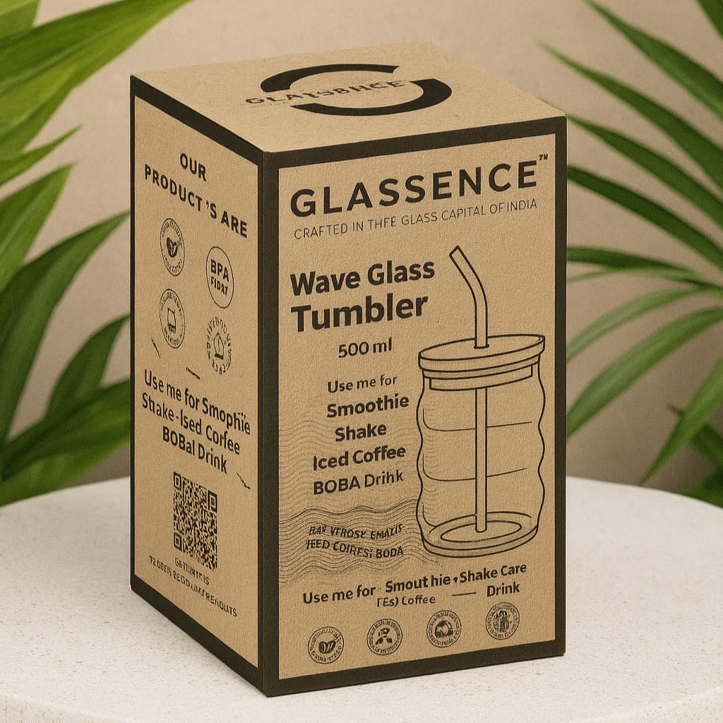 GLASSENCE Compact Premium Glass Tumbler with Bamboo Lid & Glass Straw – 450ml