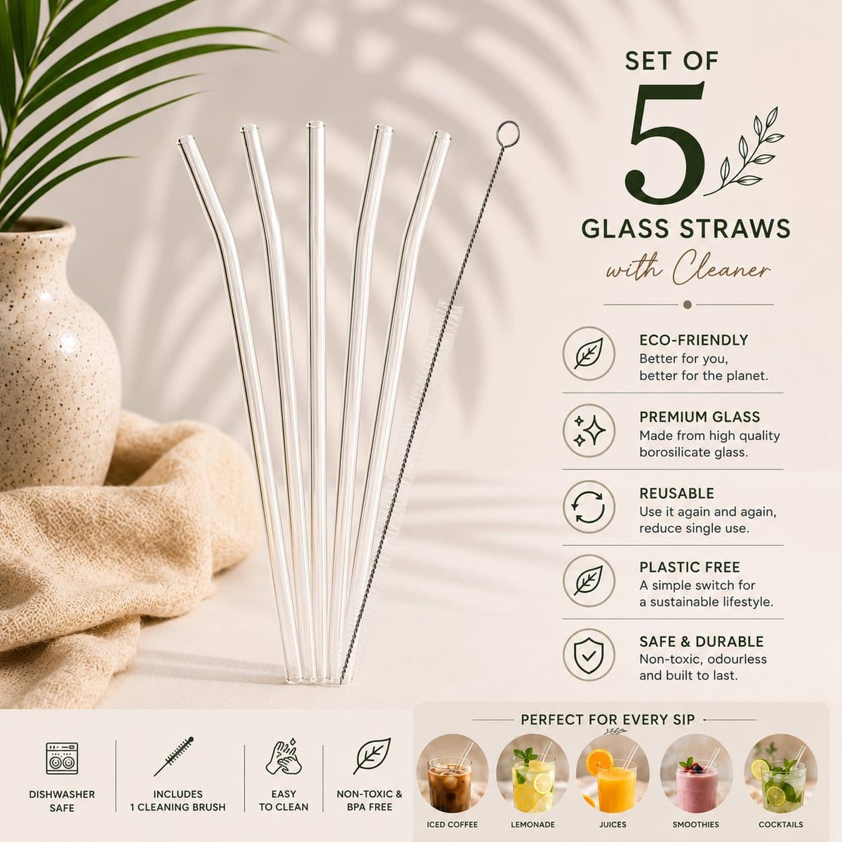 Glassence Glass Straw With Straw Cleaner - Pack Of 5