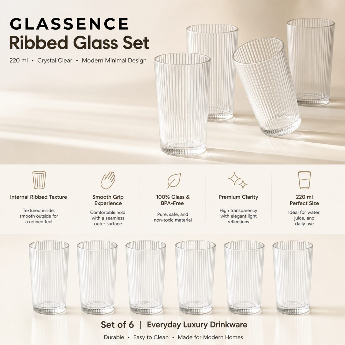 Glassence Elite Ribbed Water & Juice Glass Set - Pack of 6
