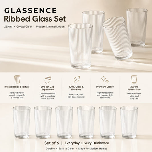 Glassence Elite Ribbed Water & Juice Glass Set - Pack of 6